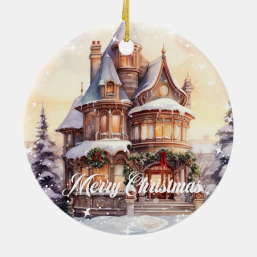 フェスティバルの水の色クリスマスヴィンテージハウス冬 セラミックオーナメント (裏面)