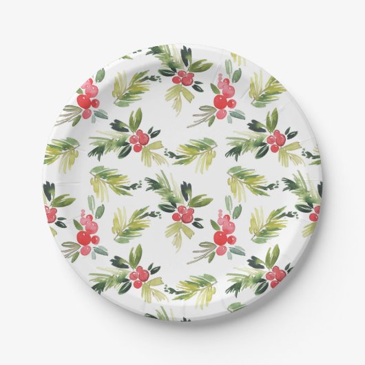フェスティバルの水の色ホリーパターンクリスマス ペーパープレート (正面)