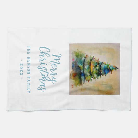 フェスティバルの水の色メリークリスマスツリー芸術的 キッチンタオル (横)