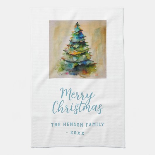 フェスティバルの水の色メリークリスマスツリー芸術的 キッチンタオル (縦)