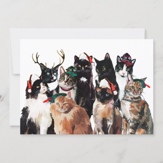 フェスティバルの水彩猫とサンタ帽子クリスマス シーズンカード (正面)
