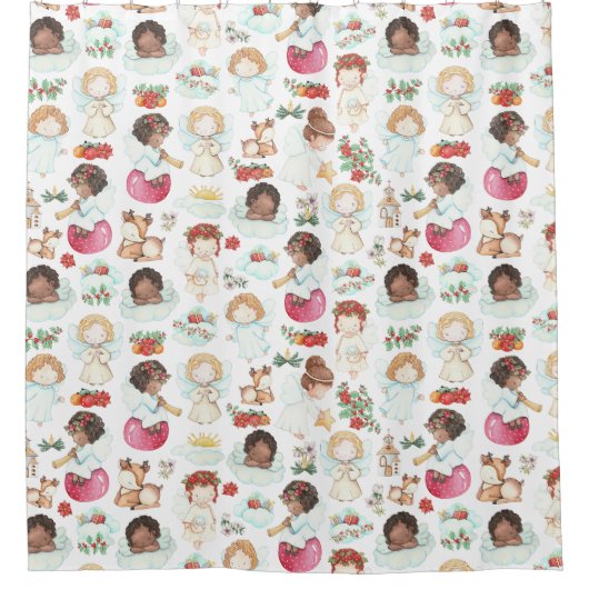 フェスティバルの水彩画の天使と贈り物 シャワーカーテン (正面)