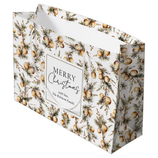 フェスティバルの水彩金ゴールドの葉クリスマス ラージペーパーバッグ (裏面アングル)