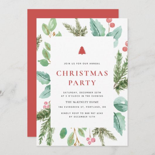 フェスティバルの水色の冬の葉クリスマスパーティー 招待状 (正面/裏面)