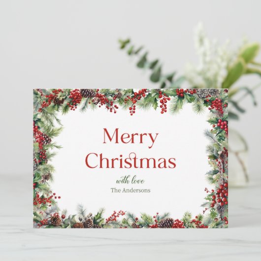 フェスティバルの水色の緑と赤いホリーベリー シーズンカード (スタンド正面)