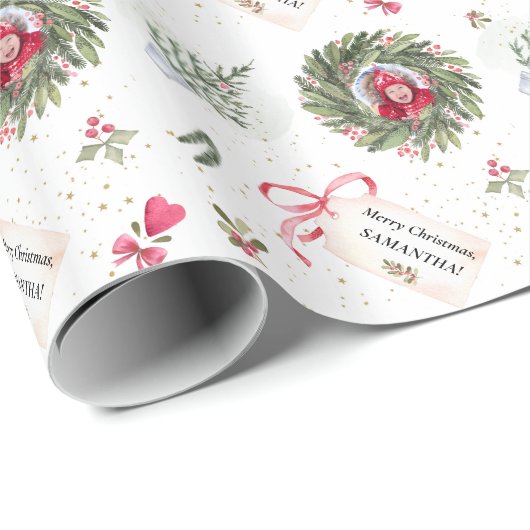 フェスティバルの水色クリスマスグリーンリーフォトラップ ラッピングペーパー (ロールコーナー)