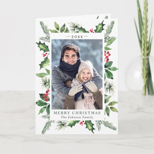 フェスティバルの水色ホリーベリークリスマスフォト シーズンカード (正面)