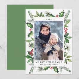フェスティバルの水色ホリーベリークリスマスフォト シーズンカード