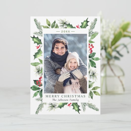 フェスティバルの水色ホリーベリークリスマスフォト シーズンカード (スタンド正面)