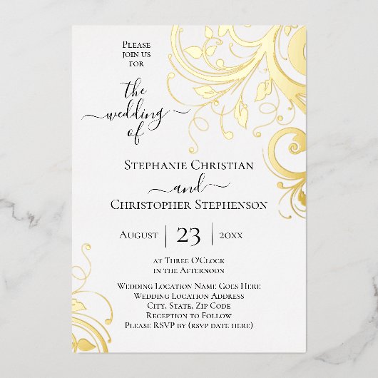 フェスティバルの渦巻き葉とがバック結婚の 箔招待状 (正面)