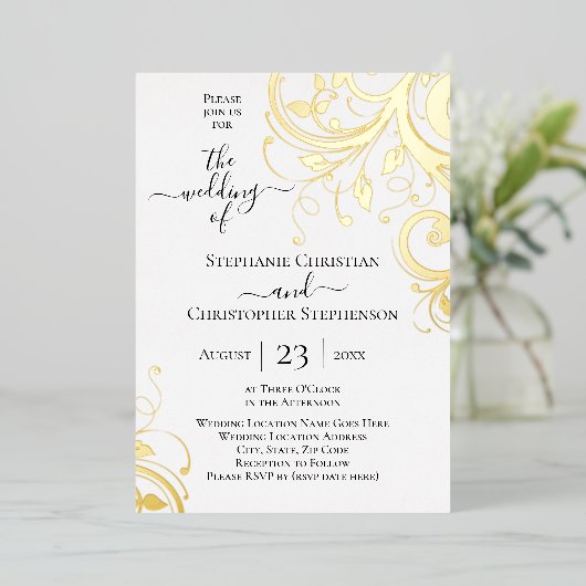 フェスティバルの渦巻き葉とがバック結婚の 箔招待状 (立ち正面)