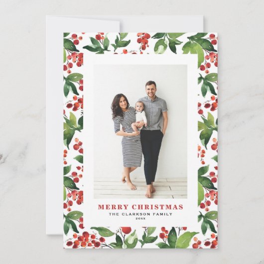 フェスティバルの緑とウィンターベリーの写真クリスマス シーズンカード (正面)