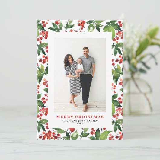 フェスティバルの緑とウィンターベリーの写真クリスマス シーズンカード (スタンド正面)