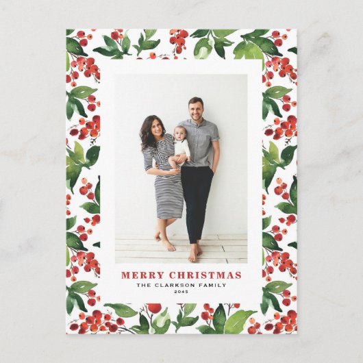 フェスティバルの緑とウィンターベリーの写真クリスマス シーズンポストカード (正面)