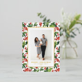 フェスティバルの緑とウィンターベリーの写真クリスマス 箔シーズンポストカード (立ち正面)