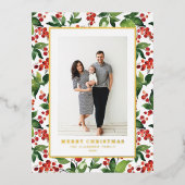 フェスティバルの緑とウィンターベリーの写真クリスマス 箔シーズンポストカード (正面)