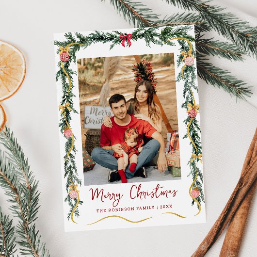 フェスティバルの緑と弓メリークリスマス1写真 シーズンカード