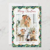 フェスティバルの緑のパターン陽気なクリスマス3写真 シーズンカード (正面)