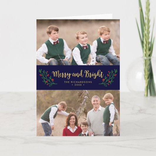 フェスティバルの葉とメリー明るいホリデーフォト シーズンカード (正面)