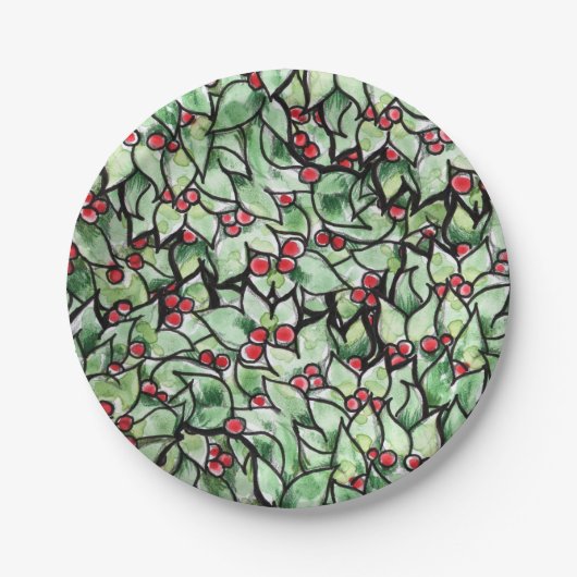 フェスティバルの葉クリスマスの水絵画色の ペーパープレート (正面)