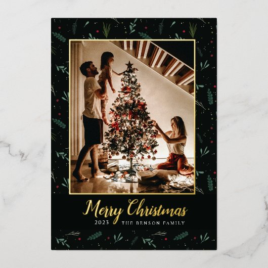 フェスティバルの葉クリスマスベリー写真 箔シーズンカード (正面)
