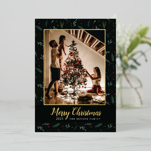 フェスティバルの葉クリスマスベリー写真 箔シーズンカード (立ち正面)