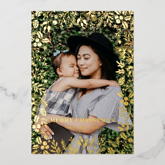 フェスティバルの葉フレームフォトオーバーレイクリスマス 箔シーズンカード (正面)