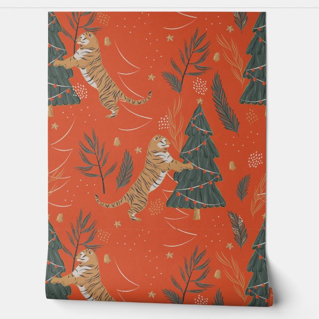 フェスティバルの虎とクリスマスツリー 壁紙 (ほどく)