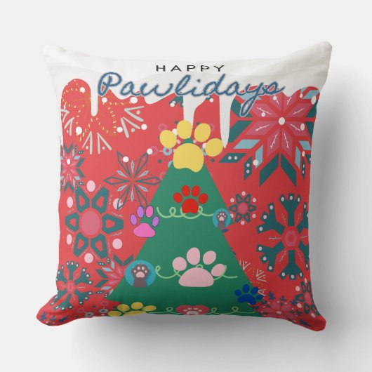 フェスティバルの赤いクリスマスツリーと手のオーナメント クッション (正面)