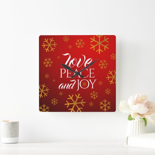 フェスティバルの赤い愛と平和と雪のかけらに喜び スクエア壁時計 (ホーム)