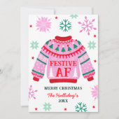 フェスティバルの醜いセーターと雪片カップルの写真 シーズンカード (正面)