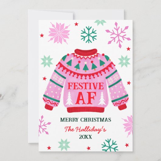 フェスティバルの醜いセーターと雪片カップルの写真 シーズンカード (正面)