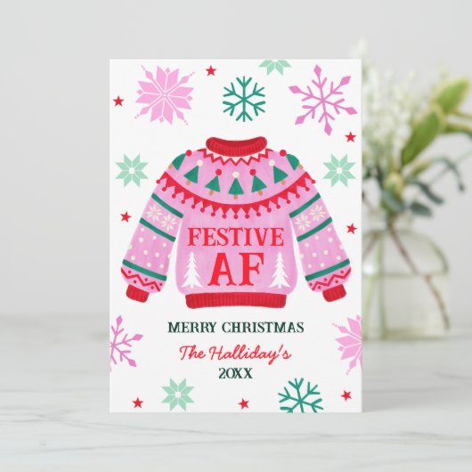 フェスティバルの醜いセーターと雪片カップルの写真 シーズンカード (スタンド正面)