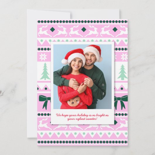 フェスティバルの醜いセーターと雪片カップルの写真 シーズンカード (裏面)