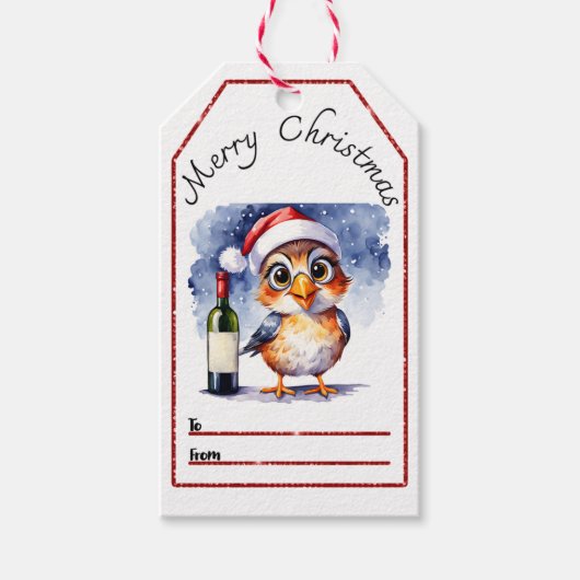 フェスティバルの鳥とワインのクリスマスラベル ギフトタグ (正面)