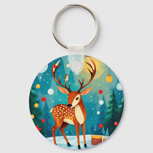 フェスティバルの鹿が雪に覆われた森 キーホルダー (正面)