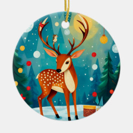 フェスティバルの鹿が雪に覆われた森 セラミックオーナメント