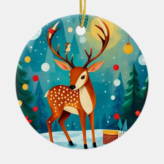 フェスティバルの鹿が雪に覆われた森 セラミックオーナメント (正面)