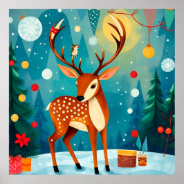 フェスティバルの鹿が雪に覆われた森 ポスター