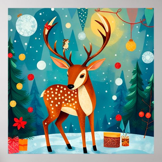フェスティバルの鹿が雪に覆われた森 ポスター (正面)