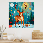 フェスティバルの鹿が雪に覆われた森 ポスター (キッチン)