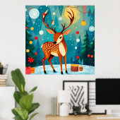 フェスティバルの鹿が雪に覆われた森 ポスター (ホームオフィス)