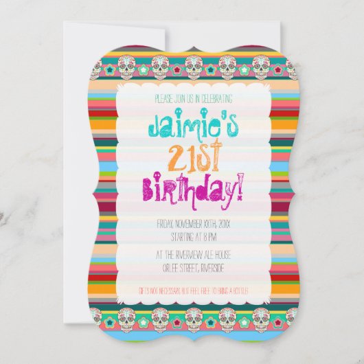 フェスティバルのFeliz Muertosの砂糖のスカルは縞で飾ります 招待状 (正面)
