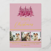 フェスティバルほこりっぽいピンクの赤いクリスマスパゴダツリーフォイル 箔シーズンカード (正面)
