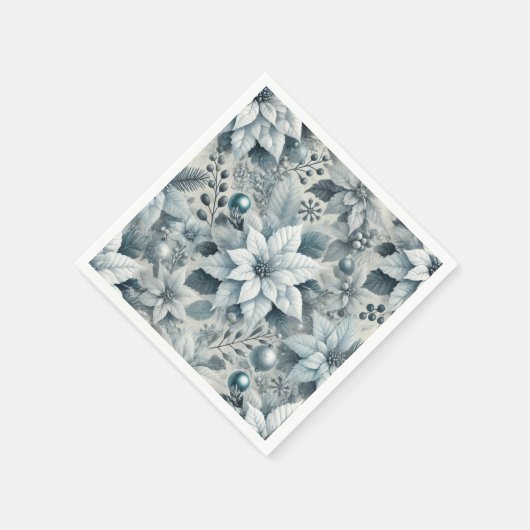 フェスティバルアイスブルーとホワイトポインセチアの切り離し スタンダードカクテルナプキン (角)