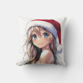 フェスティバルアニメガールサンタハットとキラキラした青い目 クッション (正面)