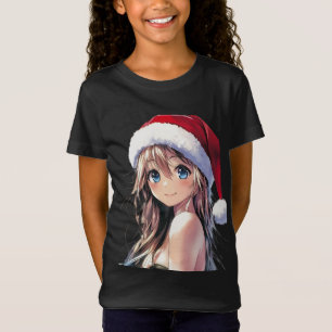 フェスティバルアニメガールサンタハットとキラキラした青い目 Tシャツ