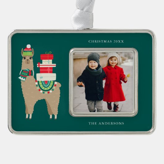 フェスティバルアルパカ自分の写真を追加 シルバープレートフレームオーナメント (正面)