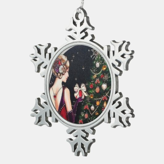 フェスティバルアートデコレトロヴィンテージレディ スノーフレークピューターオーナメント (右)