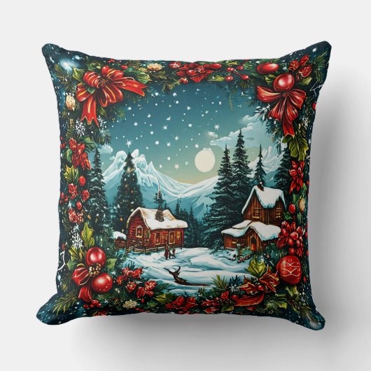 フェスティバルウィンターキャビンシーンバイクリスマスリース クッション (正面)